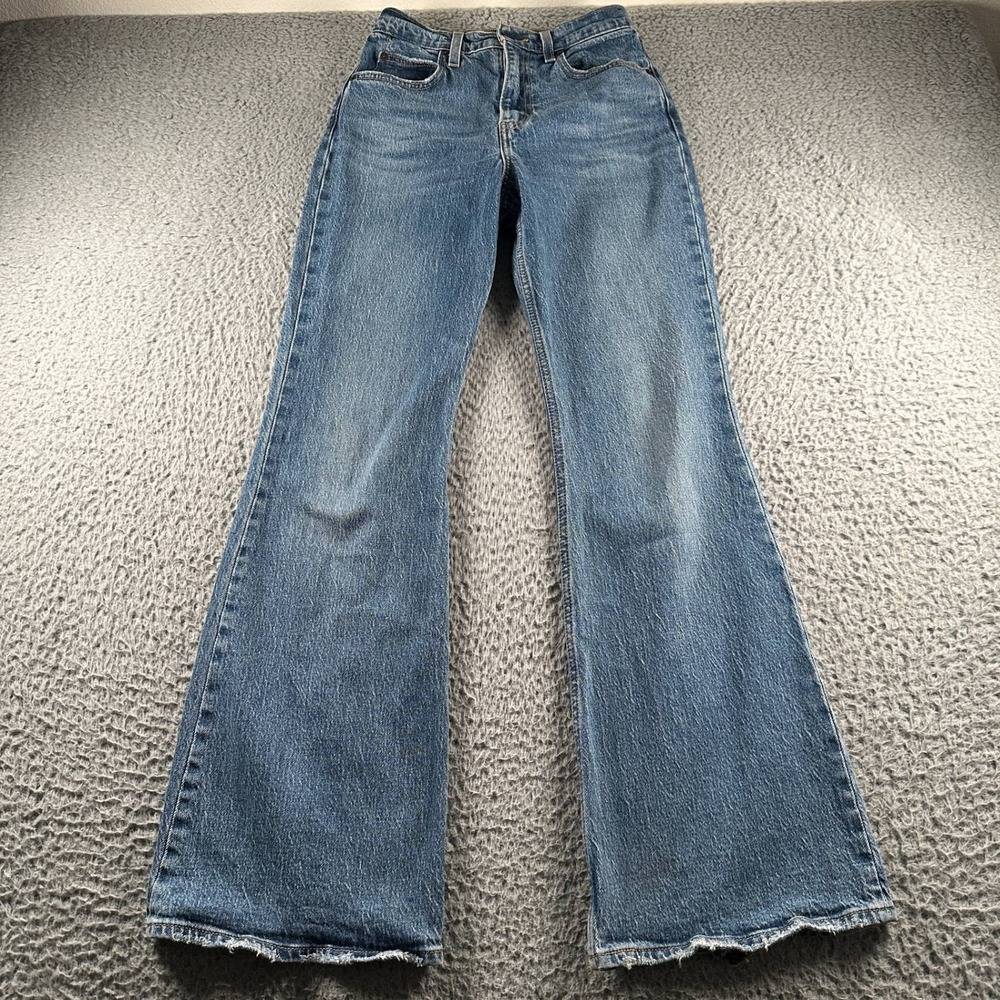 Levis Premium Jeans Womens 25 70s High Flare Medium Blue Distressed Frayed Hem